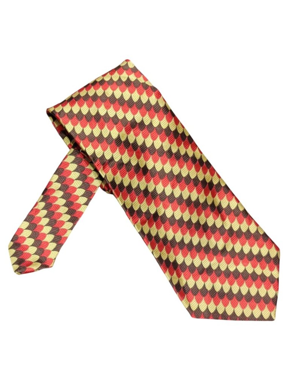Necktie Vintage 70s Wide Tie Geometric Red Brown Gold Scallop Pattern Retro Mod